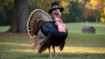 A Turkey Wearing a Pilgrim Hat With a Sign That Says 'Eat More Pork' photo