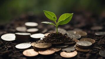 A seedling is growing on a coin lying on the ground. Green investment concept ,Rising money to invest. financial growth concept photo