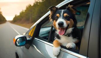A dog is looking outside from a car window while travelling during a summer holiday road trip photo