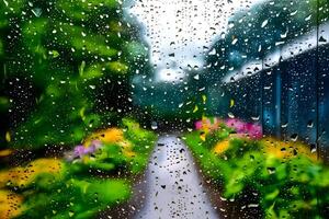 A window glass background and raindrops on it with a beautiful flower garden photo