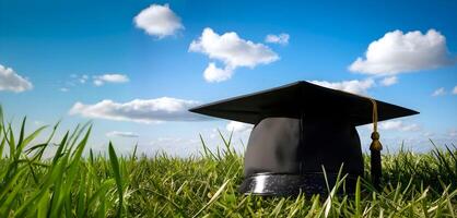 A graduation cap on a grass filed with a blue-sky background representing success photo