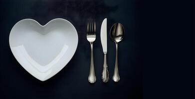 An empty white heart shape plate along with cutlery are presented on dark background photo
