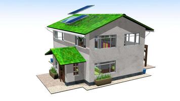 Installation of solar panel system on a brick house with green tiles against white background. 3D Animation video