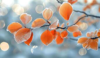 Orange Leaves on a Branch in Soft, Blurry Light photo