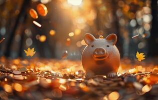 Piggy Bank Surrounded by Coins in a Forest Setting photo