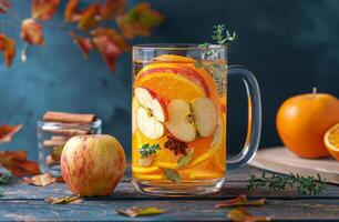 A Warm Glass of Apple Cider With Orange Slices and Cinnamon Sticks on a Rustic Wooden Table photo