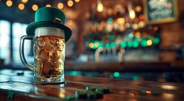 A Glass of Beer and a Leprechaun Hat on a Wooden Table in a Pub photo