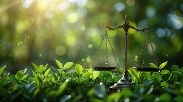Scales Of Justice In A Lush Green Forest Setting photo
