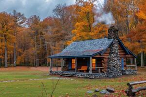 Cozy Log Cabin With Smoke Rising From Chimney In Autumn Forest photo