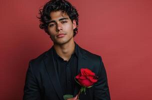 Man in Suit Holding a Red Rose Against a Red Background photo