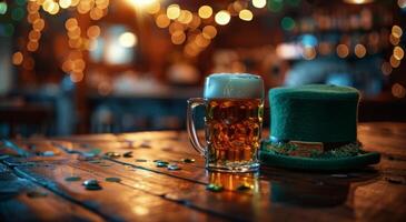 A Glass of Beer and a Leprechaun Hat on a Wooden Table in a Pub photo