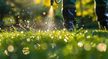 Sprinkler Watering Green Grass Lawn During Sunny Day photo