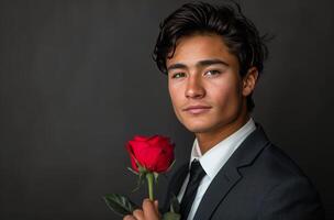Young Man in Suit Holding a Single Red Rose Against a Dark Background photo