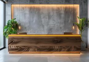 Modern Reception Desk With Wooden Wall and Warm Lighting photo
