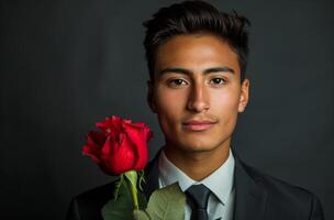 Young Man in Suit Holding a Single Red Rose Against a Dark Background photo