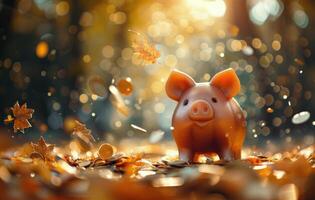 Piggy Bank Surrounded by Coins in a Forest Setting photo