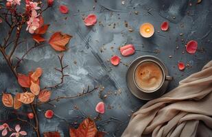 Cozy Autumn Coffee and Candle Setting With Leaves and Flowers photo