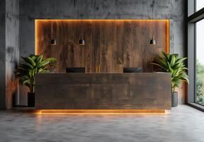 Modern Reception Desk With Wooden Wall and Warm Lighting photo