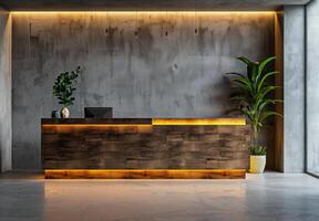Modern Reception Desk With Wooden Wall and Warm Lighting photo