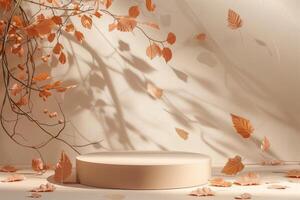 Beige Wall With Autumn Leaves and a Circular Platform photo