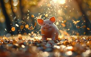 Piggy Bank Surrounded by Coins in a Forest Setting photo