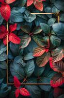 Vibrant Red Leaves Against Dark Green Foliage in a Golden Frame photo