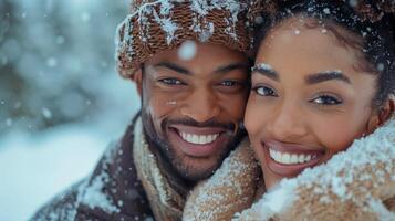 Smiling Couple Wrapped In Scarves During Winter Snowfall photo