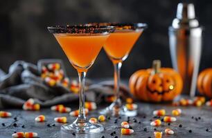 Two Pumpkin Spice Martinis With Black Sugar Rim and Candy Corn on a Black Surface photo