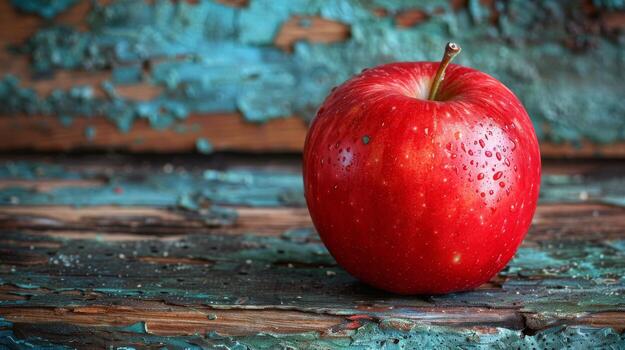A Single Red Apple Rests on a Weathered Wooden Surface photo