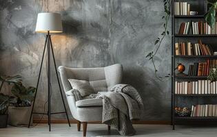 Cozy Living Room Corner With Floor Lamp, Armchair, and Bookshelf photo