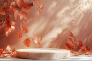 Beige Wall With Autumn Leaves and a Circular Platform photo