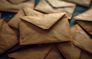 A Close Up View of Old Brown Envelopes Stacked on a Blue Surface photo