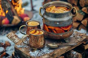 Warm Drinks and Snacks Enjoyed on a Snowy Forest Trail in the Late Afternoon photo