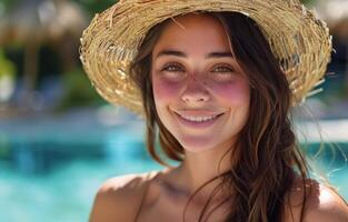 Young Woman With Straw Hat Smiling by Pool on Sunny Day photo