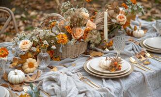 Autumnal Table Setting With White Flowers, Pumpkins, and Fall Leaves photo
