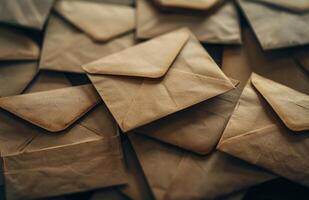 A Close Up View of Old Brown Envelopes Stacked on a Blue Surface photo