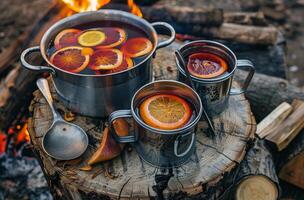 Warm Drinks and Snacks Enjoyed on a Snowy Forest Trail in the Late Afternoon photo