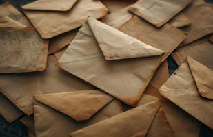 A Close Up View of Old Brown Envelopes Stacked on a Blue Surface photo