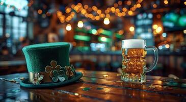 A Glass of Beer and a Leprechaun Hat on a Wooden Table in a Pub photo