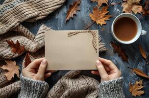 Hands Holding Blank Card With Autumn Leaves and Blanket photo