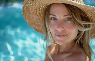 Young Woman With Straw Hat Smiling by Pool on Sunny Day photo