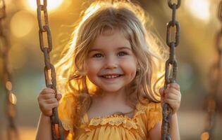 Smiling Young Girl Holding Onto Swing Chains at Playground photo