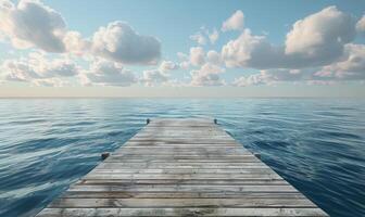 Wooden Dock Extending Out To The Calm Ocean Under A Clear Blue Sky photo