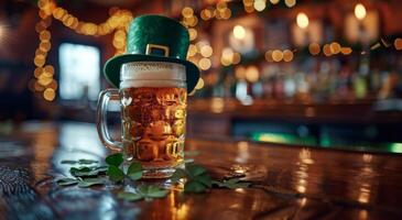 A Glass of Beer and a Leprechaun Hat on a Wooden Table in a Pub photo