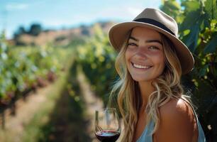 Woman In Straw Hat Holding Wine Glass In A Vineyard At Sunset photo