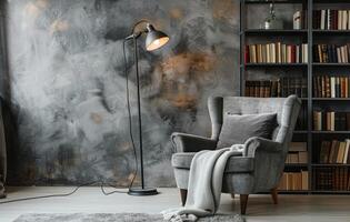 Cozy Living Room Corner With Floor Lamp, Armchair, and Bookshelf photo