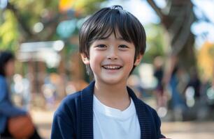 Young Boy Smiling While Holding Basketball in Park photo