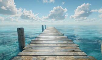 Wooden Dock Extending Out To The Calm Ocean Under A Clear Blue Sky photo