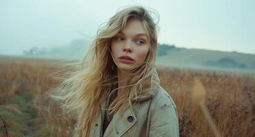 Young Woman With Long Blonde Hair Standing in a Field on a Cloudy Day photo