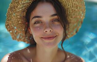 Young Woman With Straw Hat Smiling by Pool on Sunny Day photo